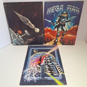 80s Vintage Sci-Fi Pocket Folder Lot Mega Man Space Train Mead Portfolio Norcom